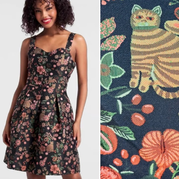 ModCloth Dress Dash Of Decadence Evening Cocktail Dress Cat Floral Motif Mini 14 - Picture 1 of 16
